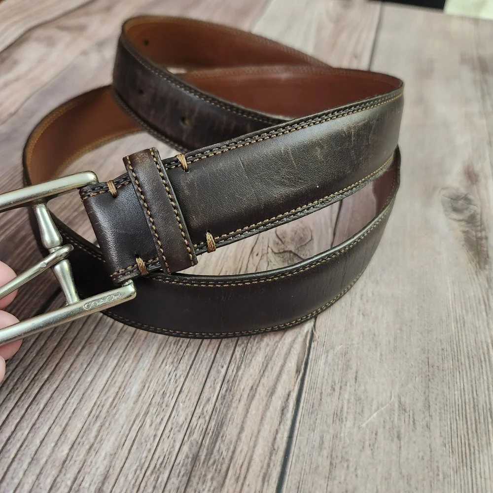 Coach Mens Leather Belt Dark‎ Brown Silver Buckle Classic Dress 36 Luxury Office